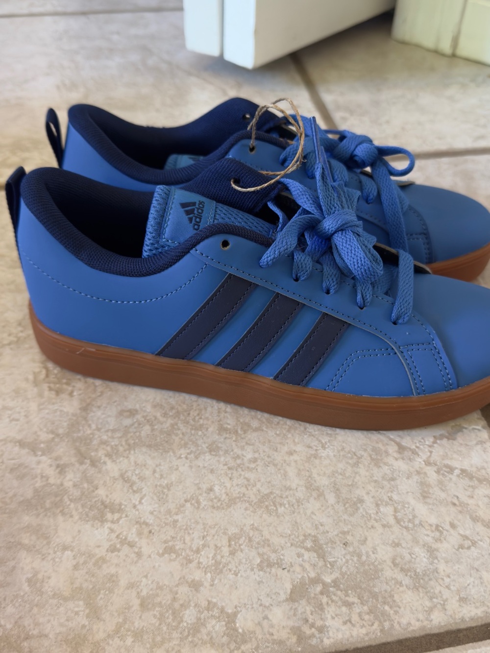 adidas Kids Blue Sneakers with Dark Navy Stripes and Gum Sole